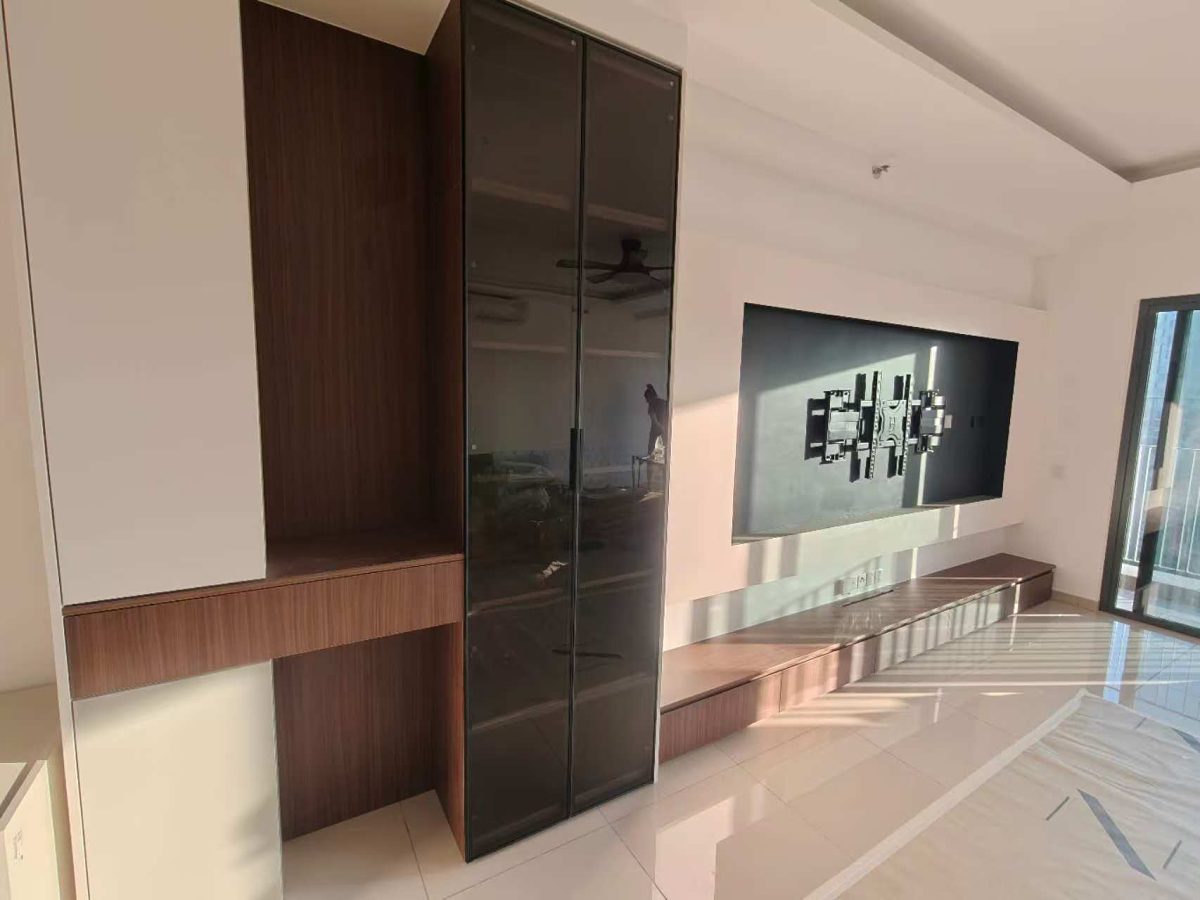 Living room TV console with glass-door cabinetry