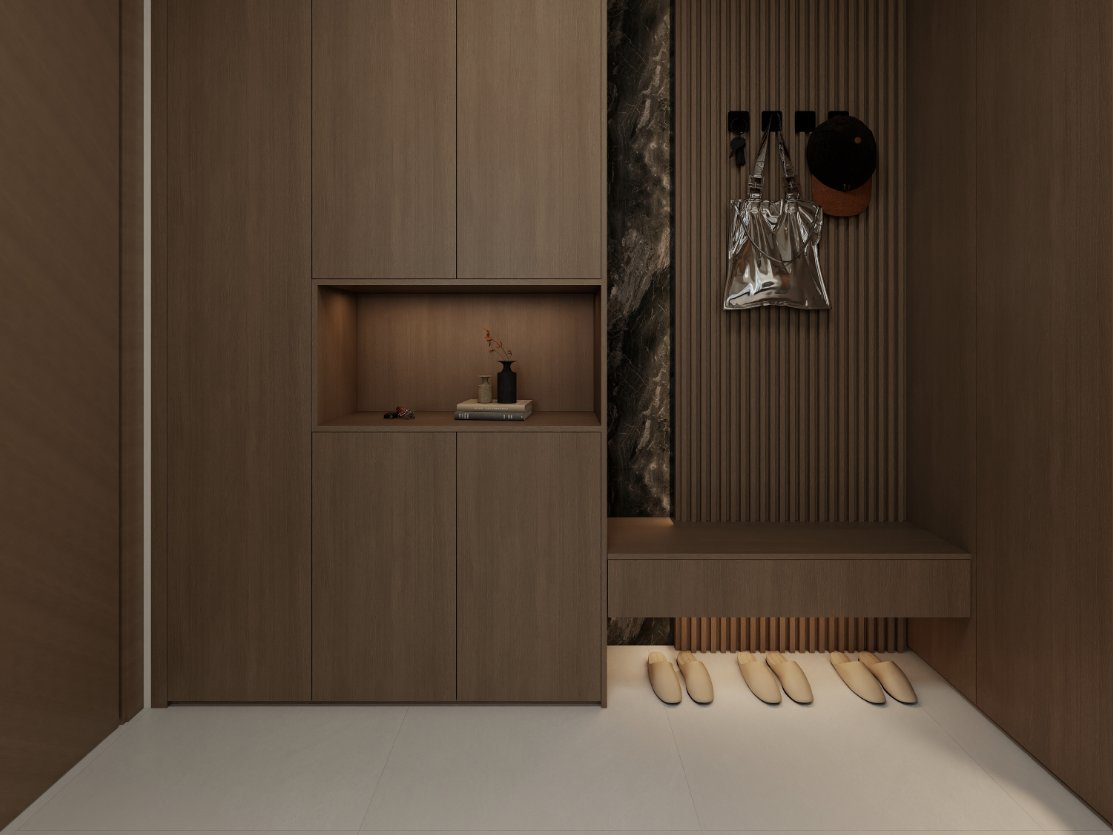 Visualisasi konsep kabinet pintu masuk dengan ceruk pameran terbuka dan bangku simpanan kasut