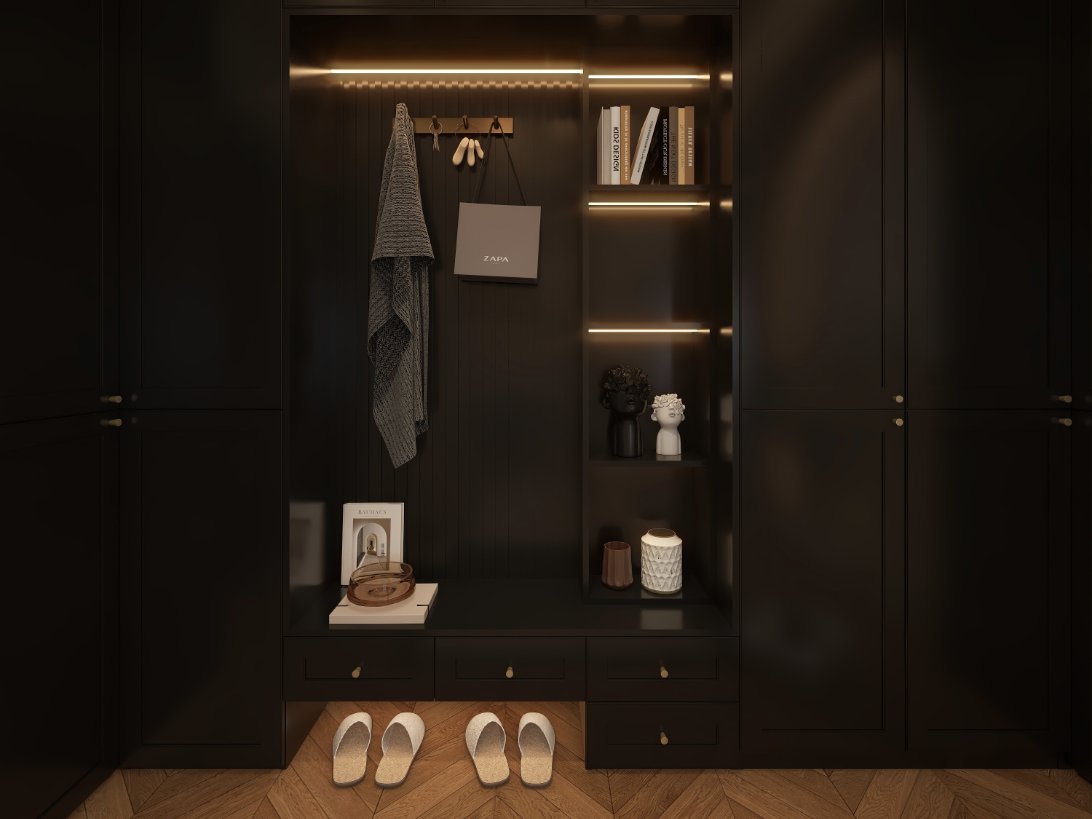 Visualisasi konsep kabinet pintu masuk gelap tinggi penuh dengan simpanan kasut dan rak pameran terbuka