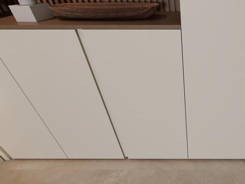 Visualisasi konsep dinding kabinet pintu masuk dengan kawasan menukar kasut