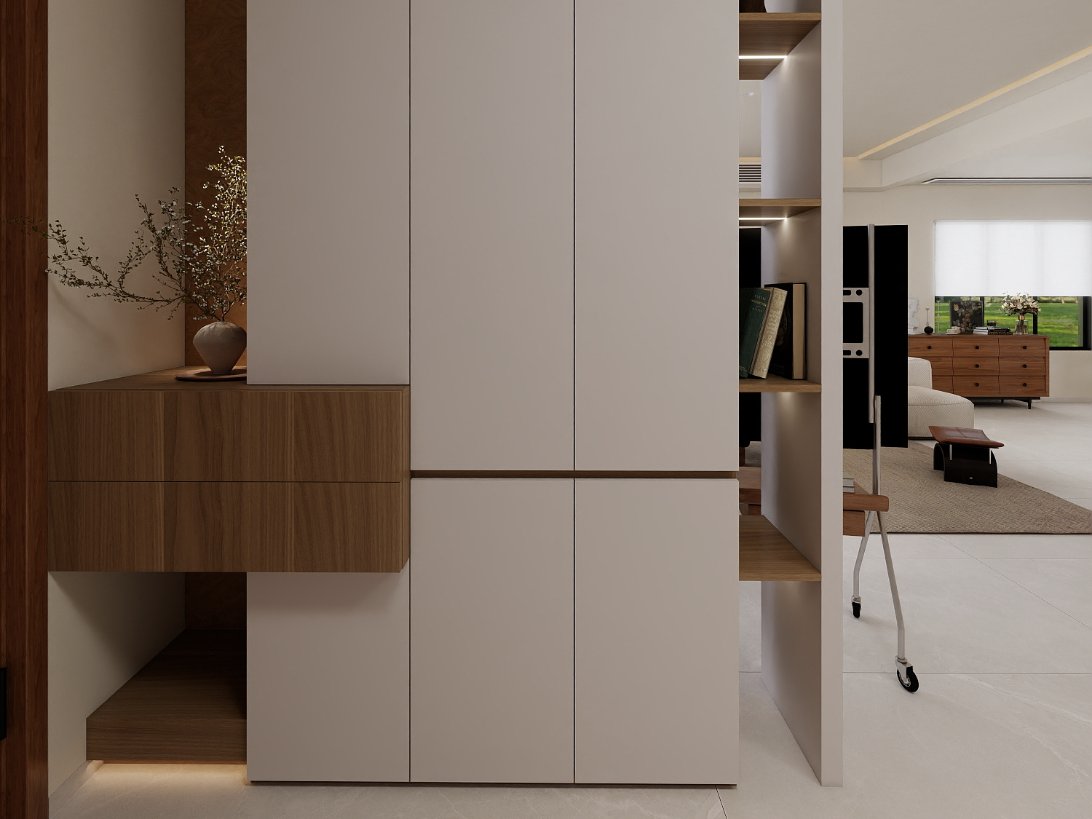 Visualisasi konsep kabinet pintu masuk berinspirasikan Jepun dengan ceruk simpanan kasut bersudut