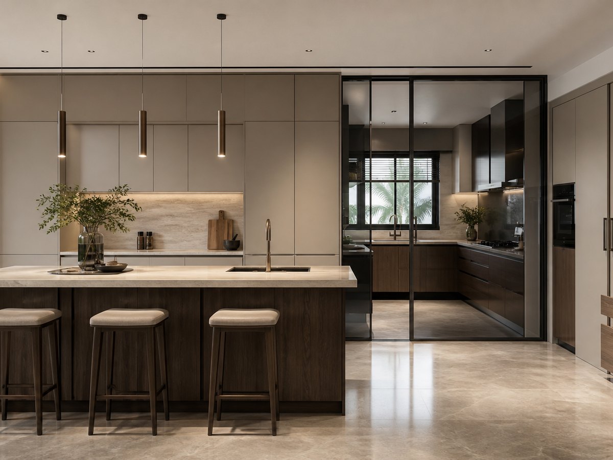 Italian-inspired dry and wet kitchen with stone island and integrated cabinetry