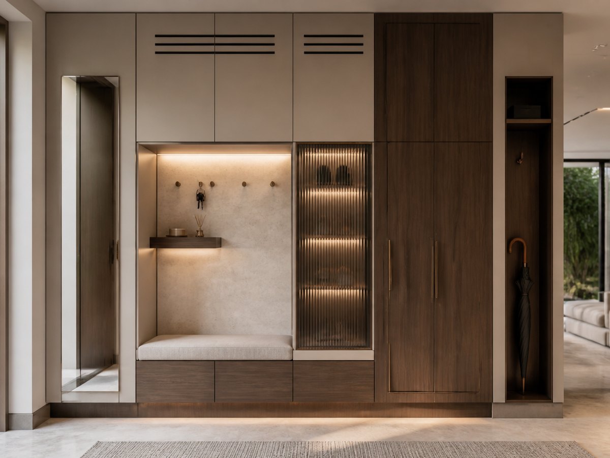 Italian-inspired entrance with full-height shoe cabinetry, bench and display niche