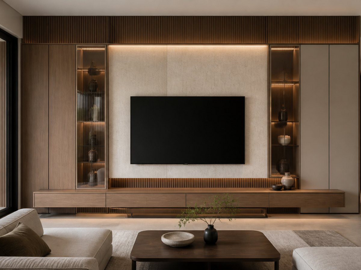 Italian-inspired living room with sculptural TV wall, display cabinetry and concealed storage