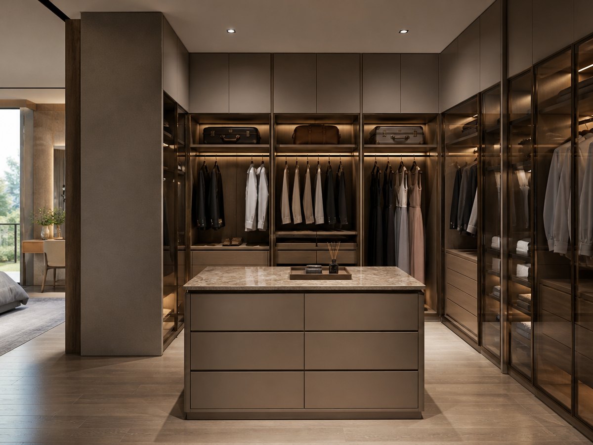 Italian-inspired walk-in wardrobe with smoked glass, warm timber and integrated lighting