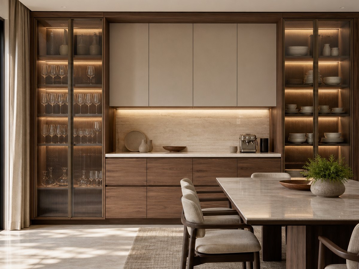 Italian-inspired dining sideboard with stone surface, warm timber and display storage