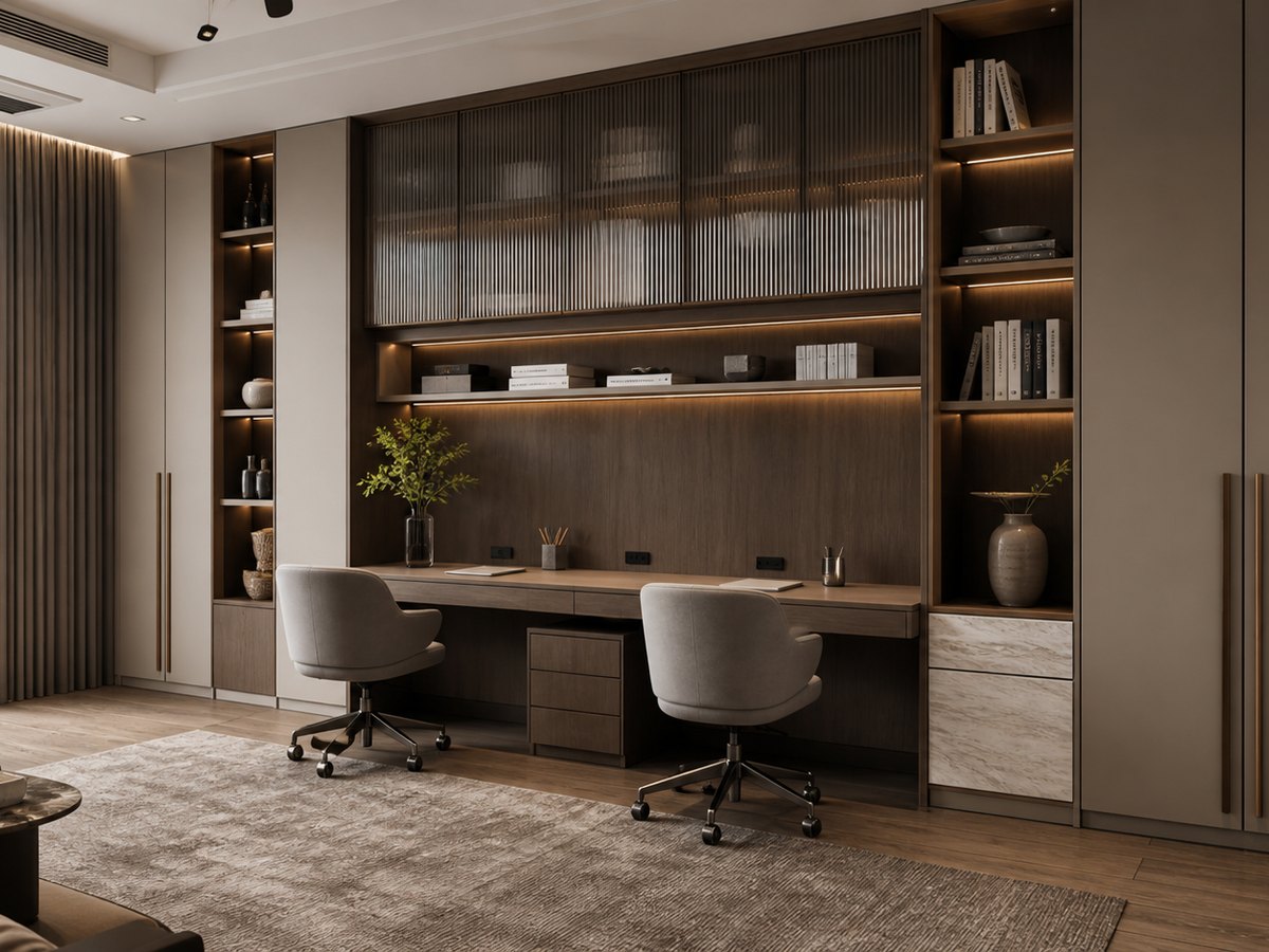 Italian-inspired family study with integrated desks, shelving and illuminated display cabinetry
