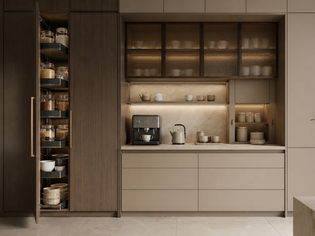 Italian-inspired pantry and beverage cabinetry with fluted glass and integrated lighting
