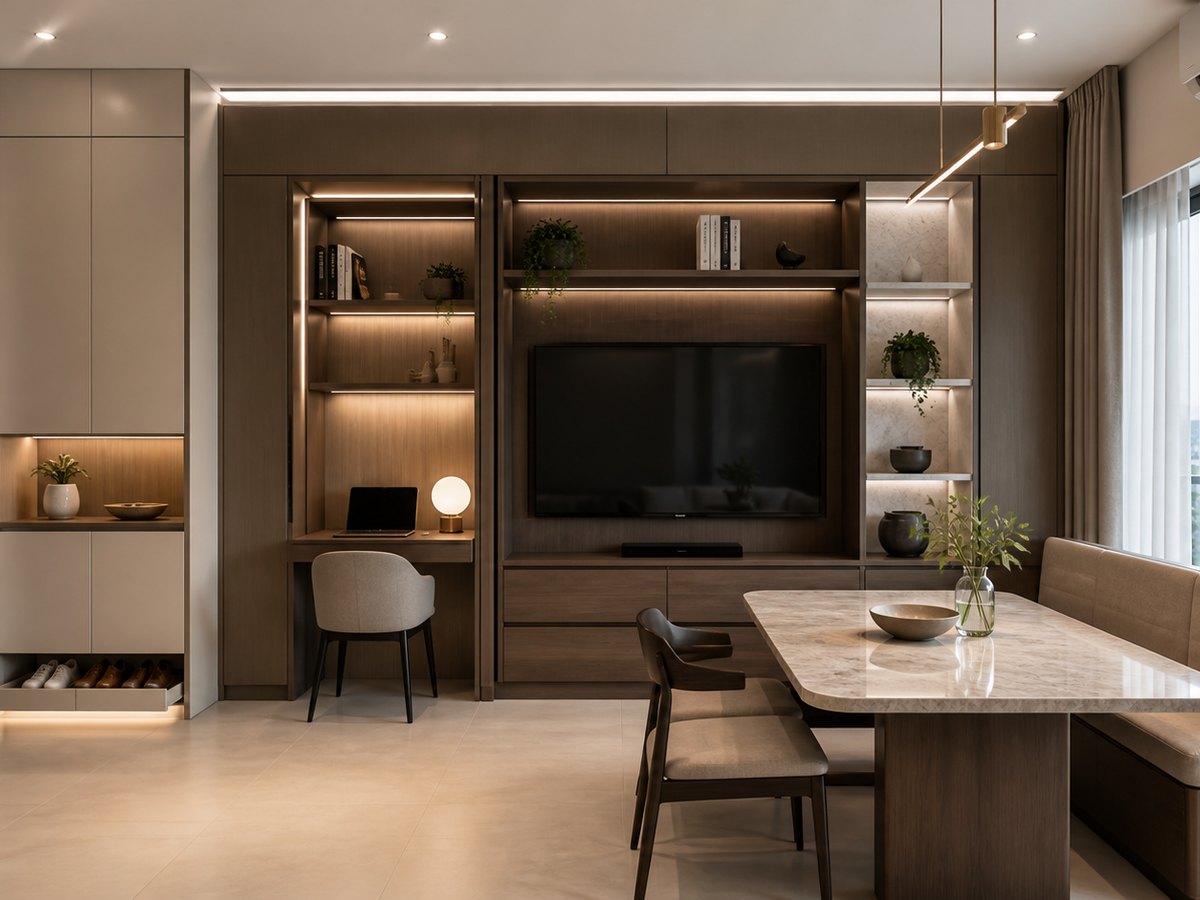 Italian-inspired multifunction cabinetry for a compact condominium