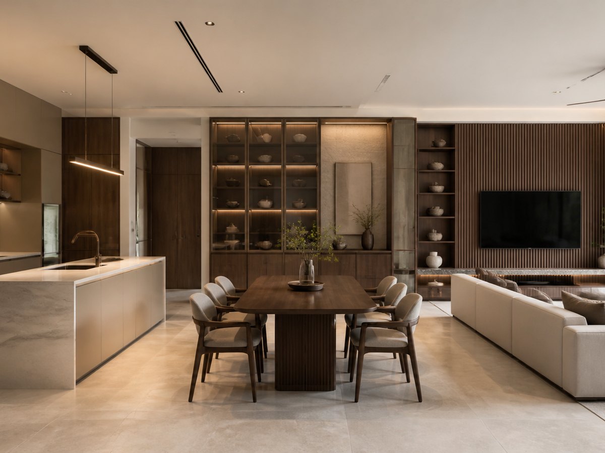 Italian-inspired whole-home cabinetry connecting the kitchen, dining and living areas