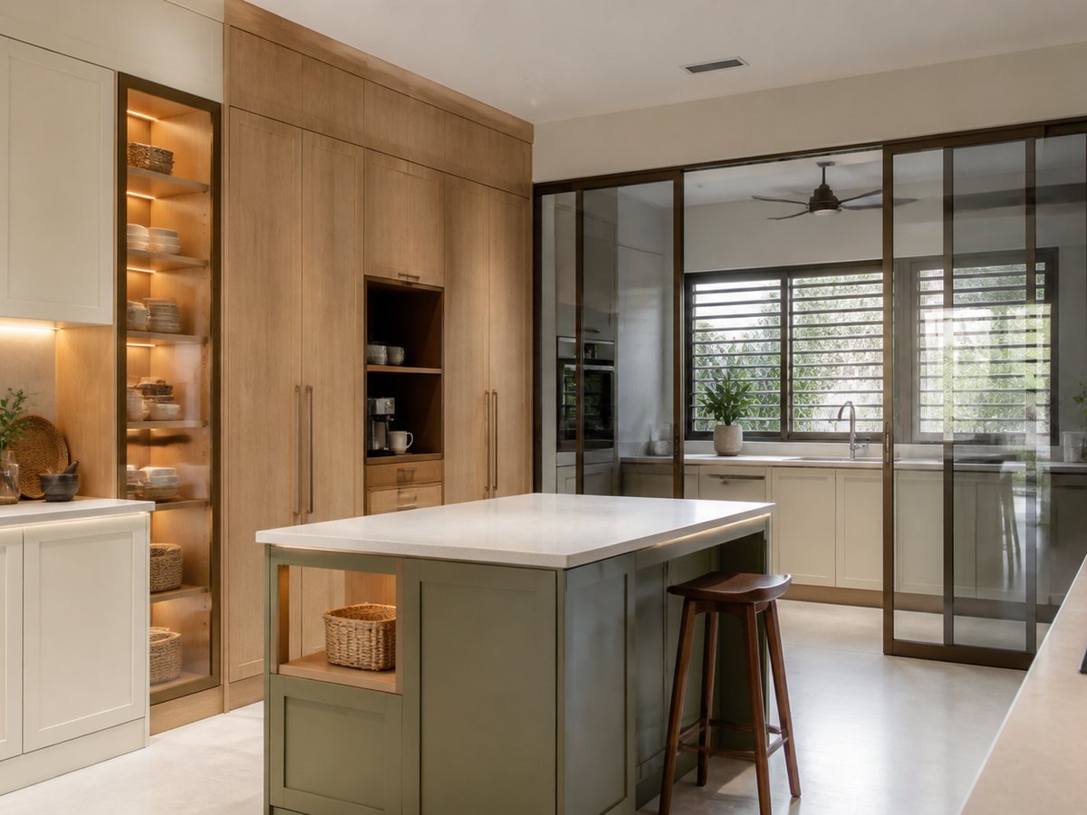 Visualisasi inspirasi dapur kering dan basah dengan pulau dapur serta kabinet simpanan