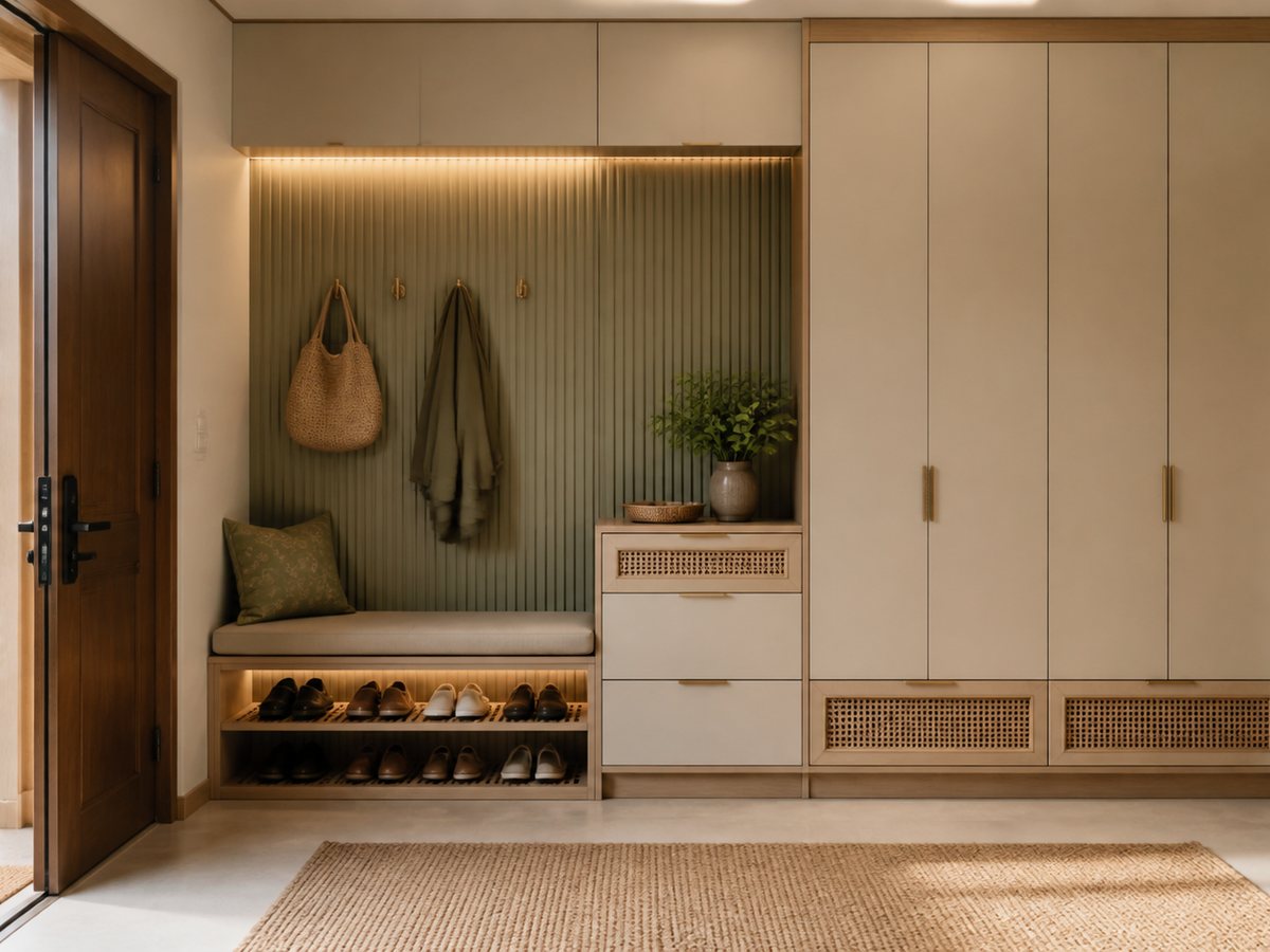 Visualisasi inspirasi kabinet pintu masuk, bangku dan simpanan kasut berpengudaraan