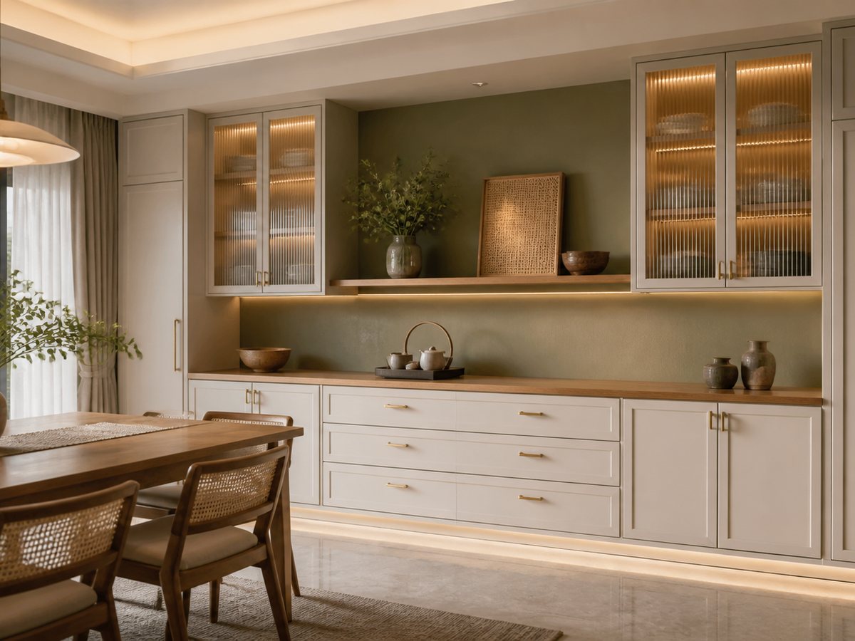 Visualisasi inspirasi kabinet sisi ruang makan dengan permukaan yang kemas dan mudah diselenggara