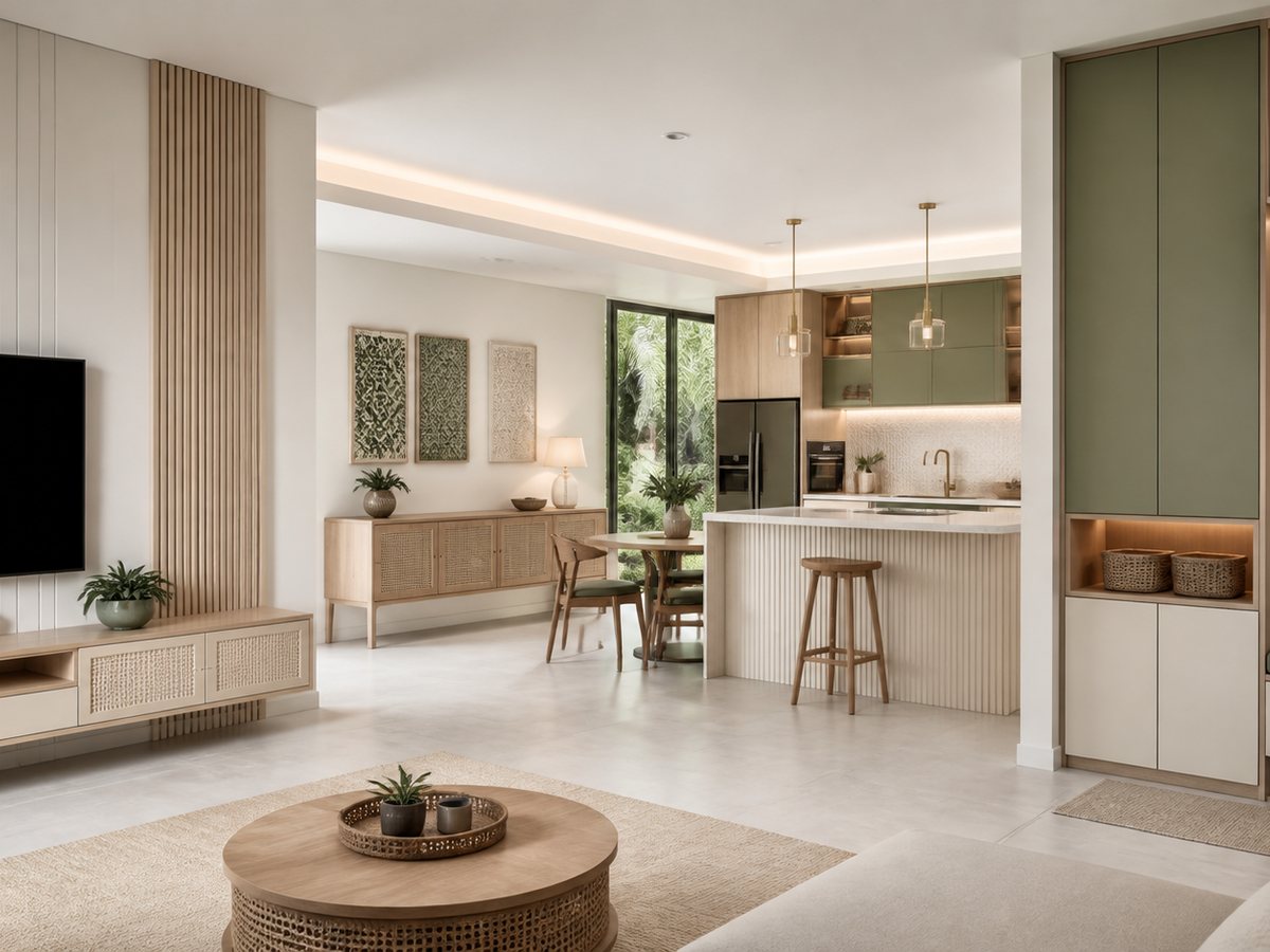 Visualisasi inspirasi kabinet seluruh rumah yang diselaraskan antara ruang tamu, makan, dapur dan pintu masuk